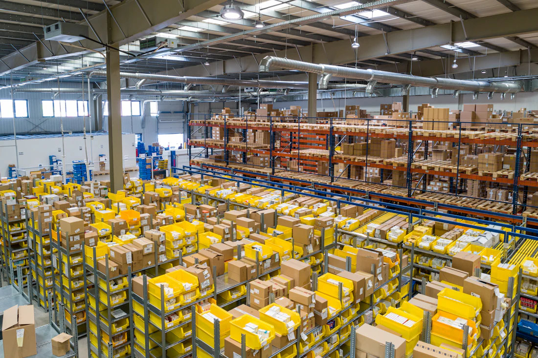 Large warehouse with stacked goods